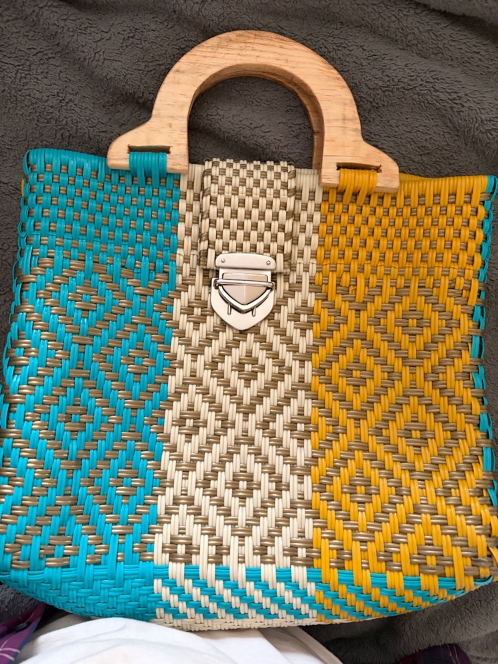 Woven Straw Tote Bag in Turquoise, Natural & Yellow - Wooden Handle